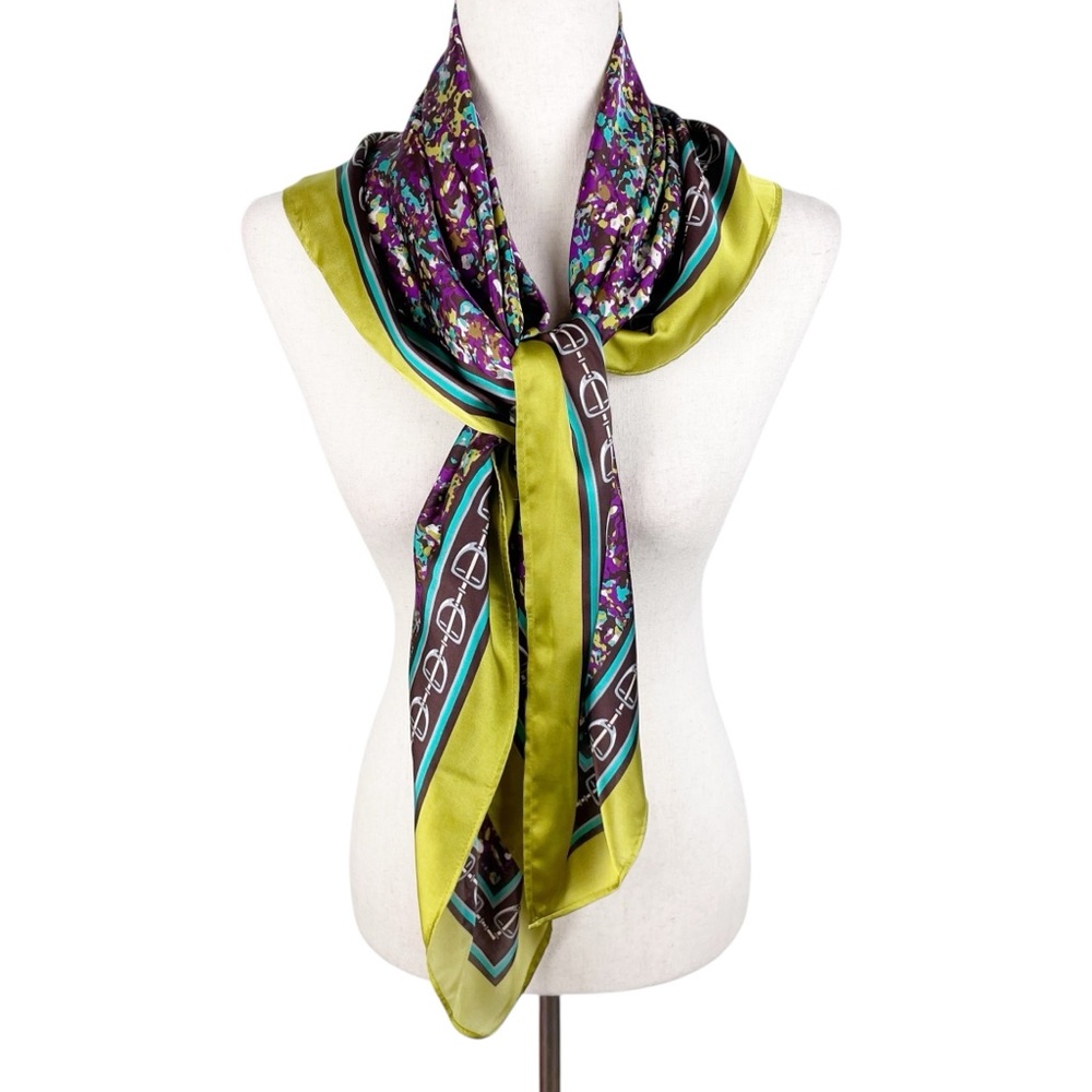Vintage Oversized Silky Satin Square Scarf Equestrian Print Purple Green Speckle
